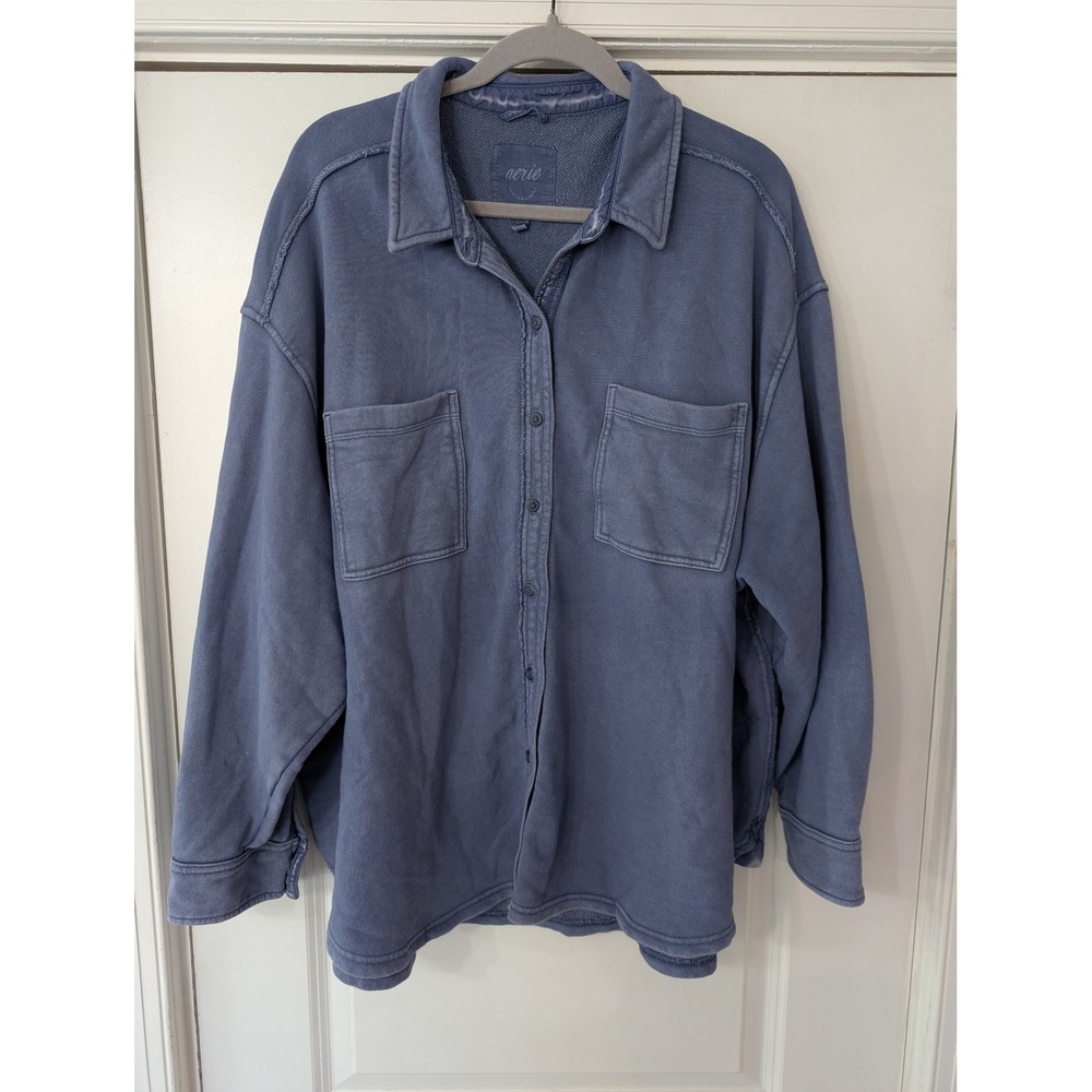 Aerie lumberjane Oversized Blue terry Button Down Shacket Shirt XL loungewear